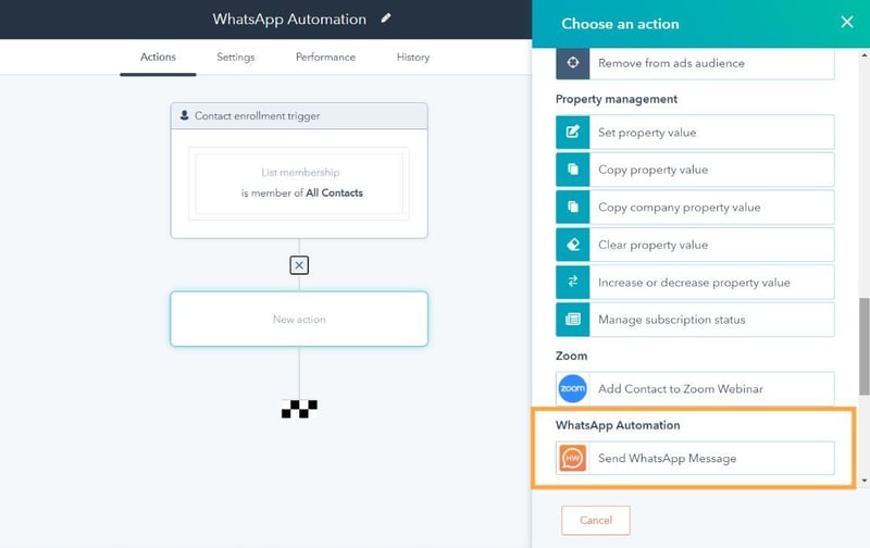 Use action “Send WhatsApp Message”