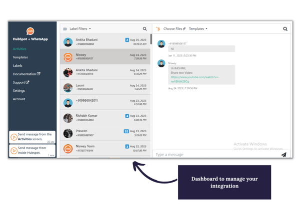 whatsapp hubspot integration - manage integration on dasboard