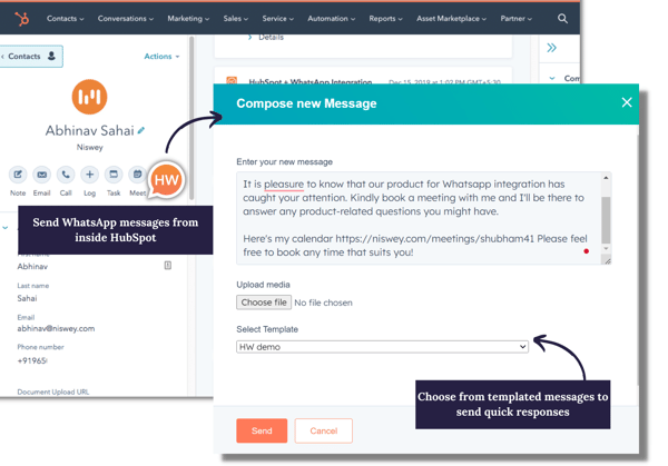 whatsapp hubspot integration - send messages from HubSpot